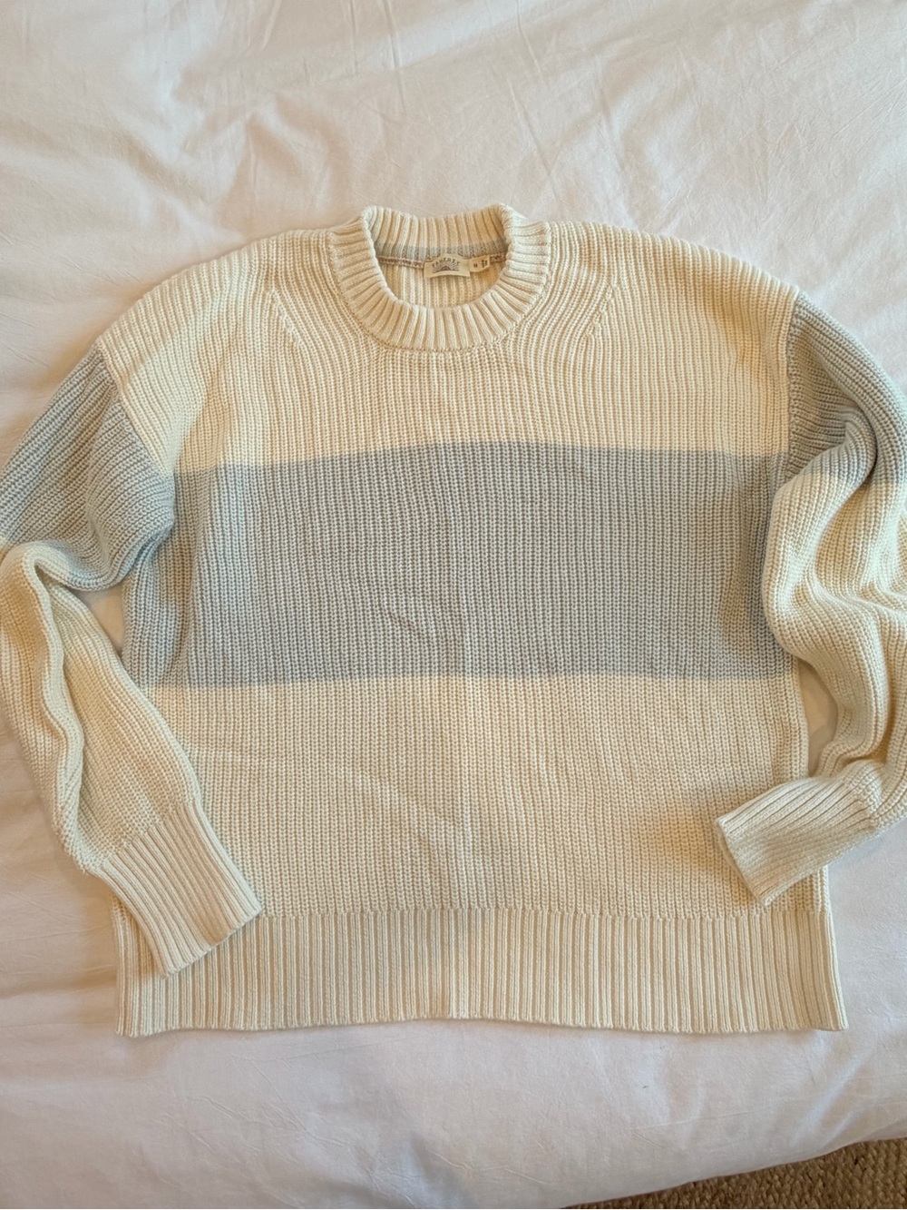 Faherty Women’s Crewneck Knit Sweater in Cream with Gray Stripe